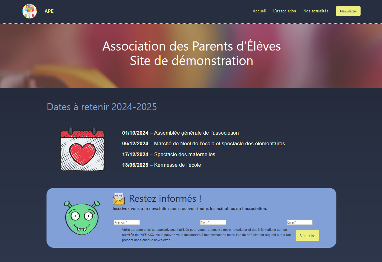 haut de la page d'accueil du site APE