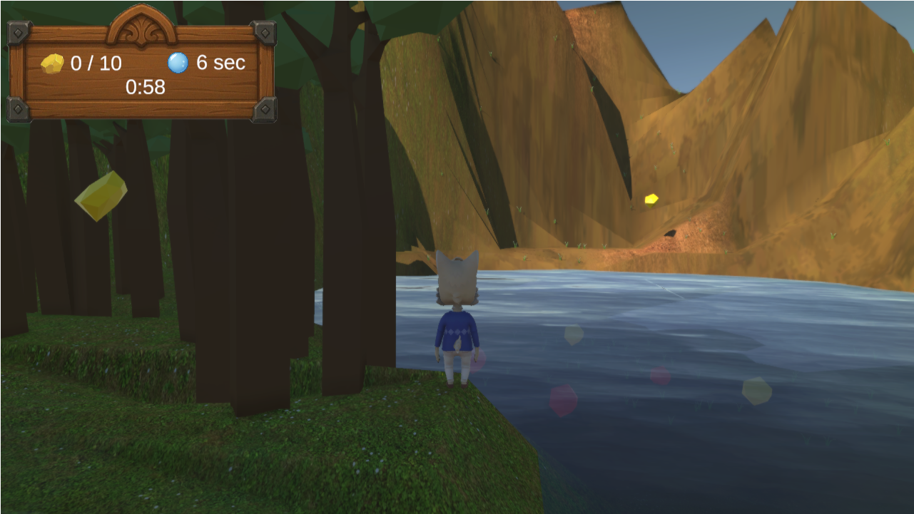 Image issue du jeu The Fox's Stroll : le joueur est debout au bord d'un lac bordée d'arbres, situé au coeur d'une montagne. Paysage en lowpoly.