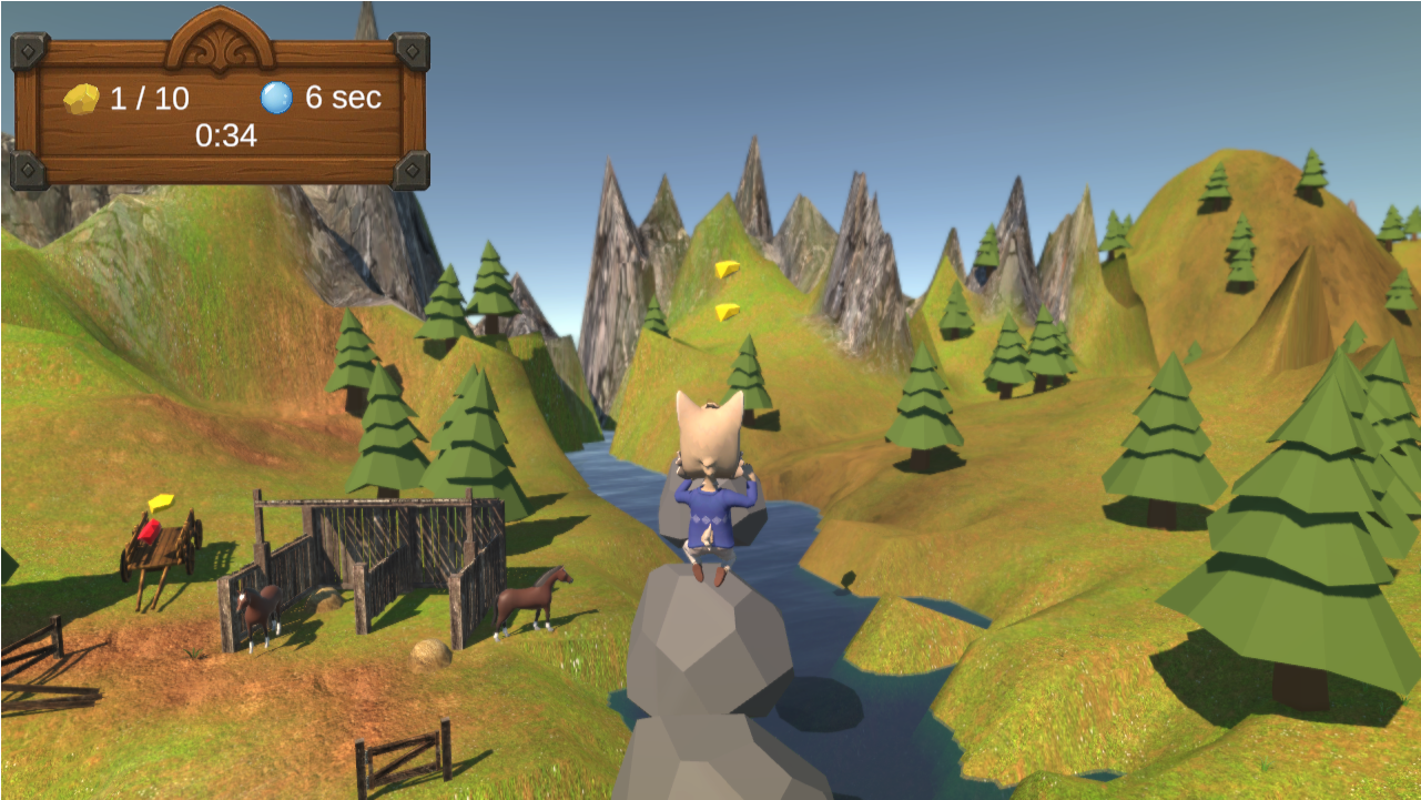 Image issue du jeu The Fox's Stroll : le joueur est en plein saut d'une pierre à l'autre au-dessus d'un ruisseau, dans un paysage montagnard en lowpoly.