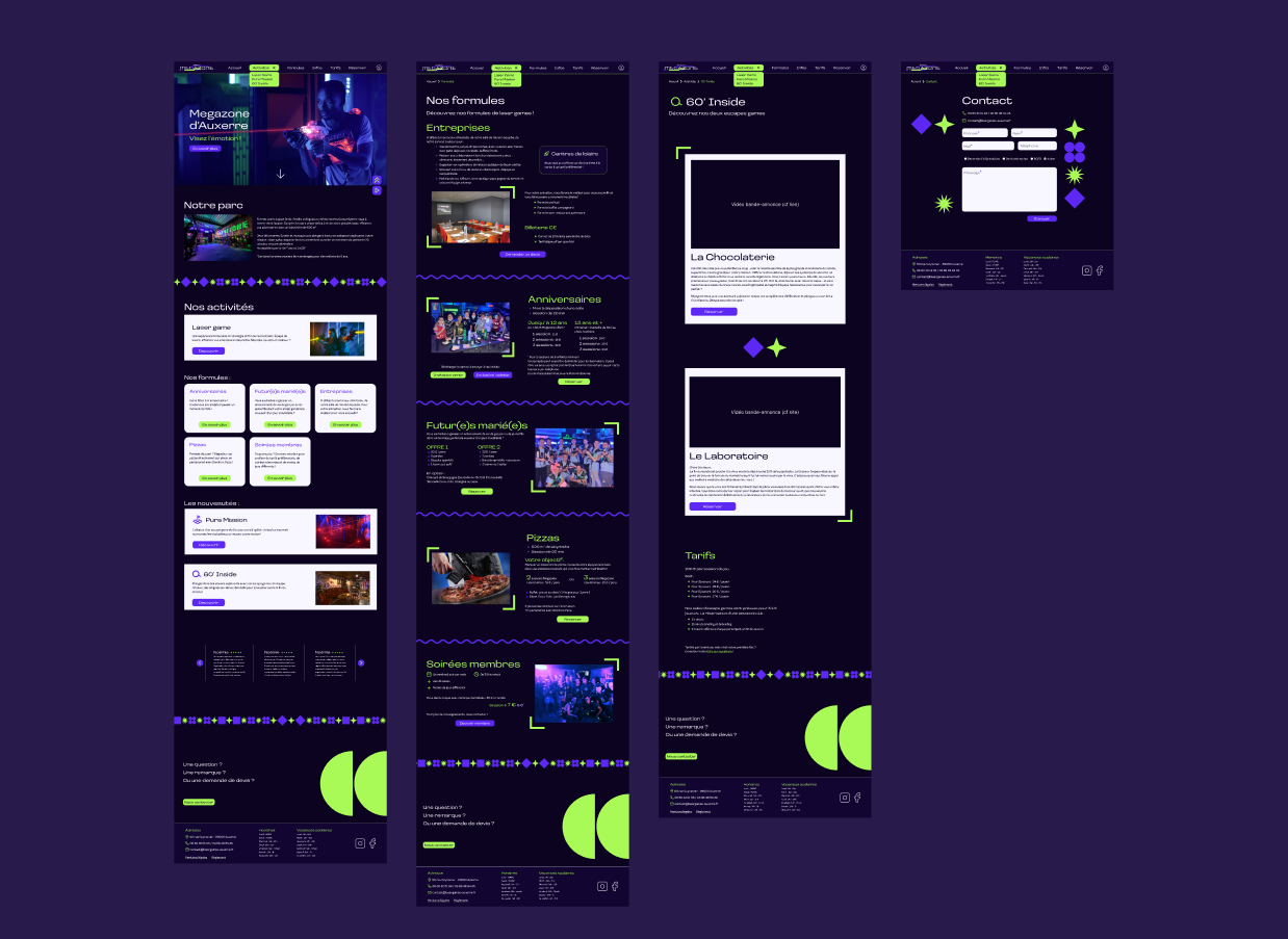vue d'ensemble de la maquette du site Megazone : pages d'accueil, Nos formules, 60' Inside et Contact
