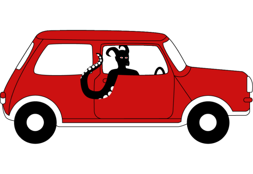 Illustration de la bande dessinée numérique Psychimeria, personnage monstrueux, avec des cornes sur la tête, yeux rouges, assis au volant d'une voiture rouge avec une tentacule sortant par la fenêtre.
