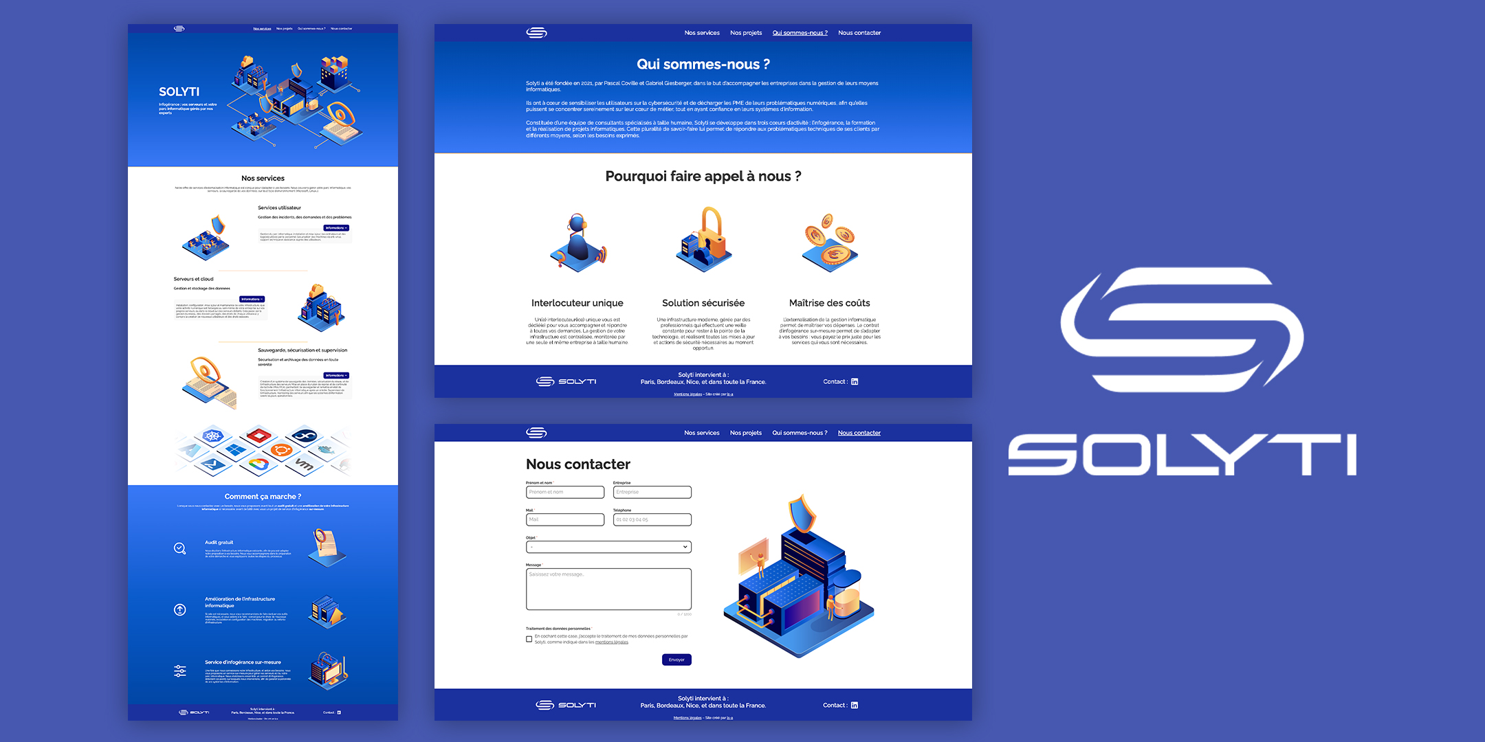 maquette du site de Solyti, présentant les pages : accueil, qui sommes-nous, nous contacter
